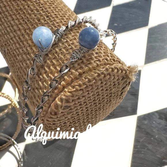 Silver statement tennis bangle set/ jeweled aquamarine cowgirl pastel - Picture 2 of 8